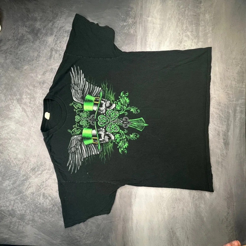 Vintage Y2K Skulls Leprechaun St Patricks Day Graphic T-Shirt Black 2XL Skater